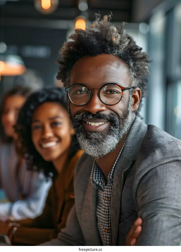 Portrait of a smiling businessman with his colleagues in the background