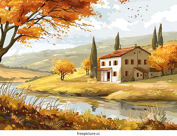 Autumn Landscape With House By River