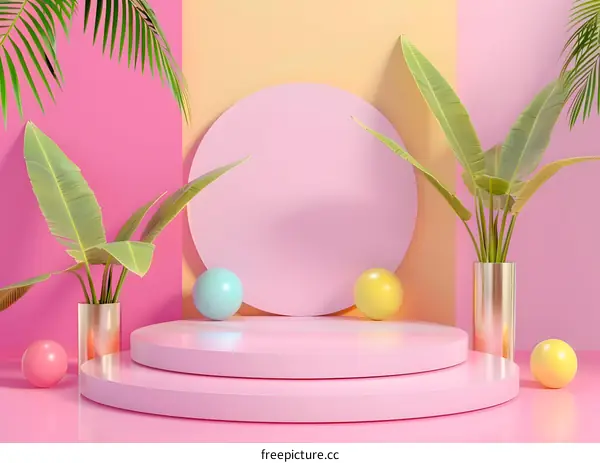 Pink and Yellow Background with Tropical Plants and Platforms