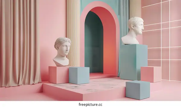 Pink and Blue Minimalist 3D Room with Statues and Arch