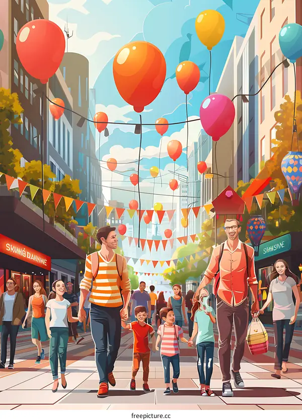 Happy Family Walking in the City Street on Festive Day