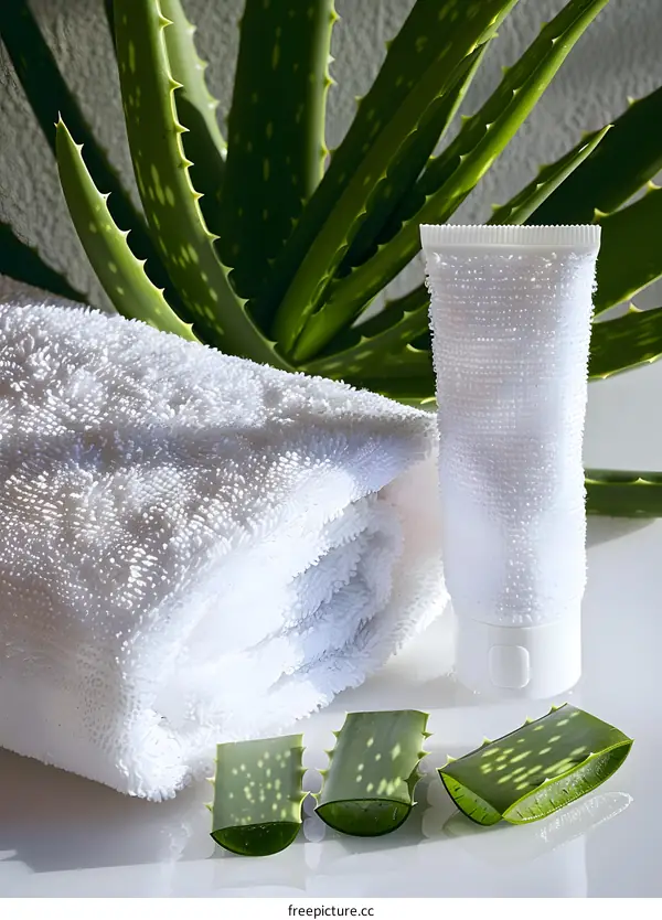 Aloe Vera Plant With White Cream Tube and Towel