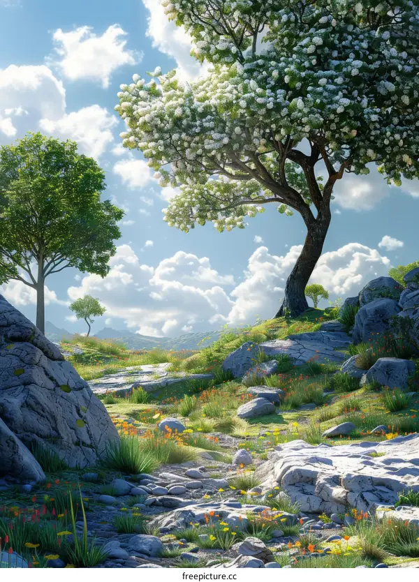 Fantasy Landscape with a Large Tree and Majestic Rock Formations