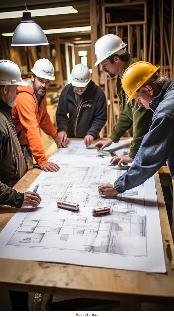 Construction workers in hard hats gathered around a table examining blueprints