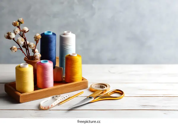 Colorful Sewing Threads and Accessories on White Wooden Table