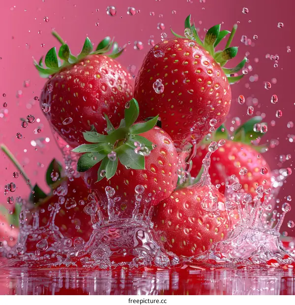 Ripe Red Strawberries with Splash on Pink