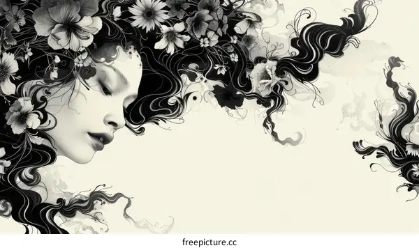 Black and white sketch of a woman's face with flowers in her hair