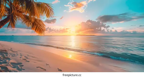 The setting sun shines on the beach and the sea