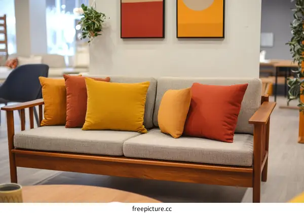 Modern Wooden Sofa with Colorful Cushions