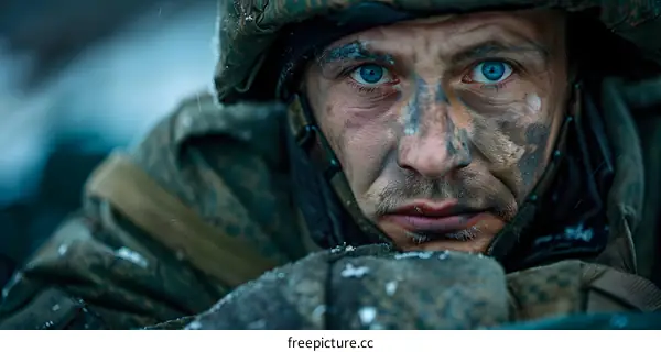 Portrait of a soldier with blue eyes staring at the camera