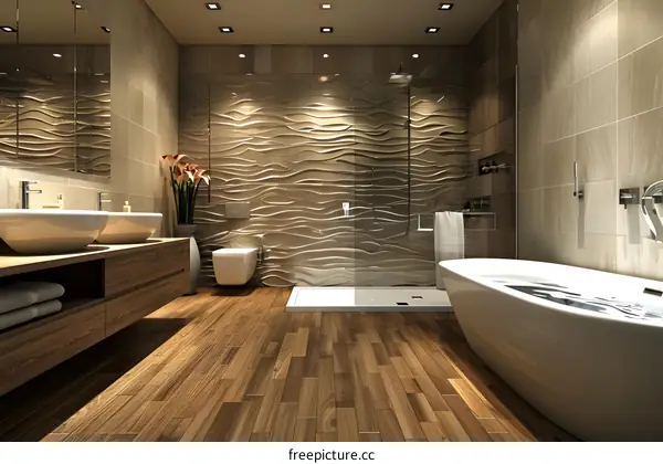 Modern Bathroom with 3D Wall Tiles and Wooden Flooring