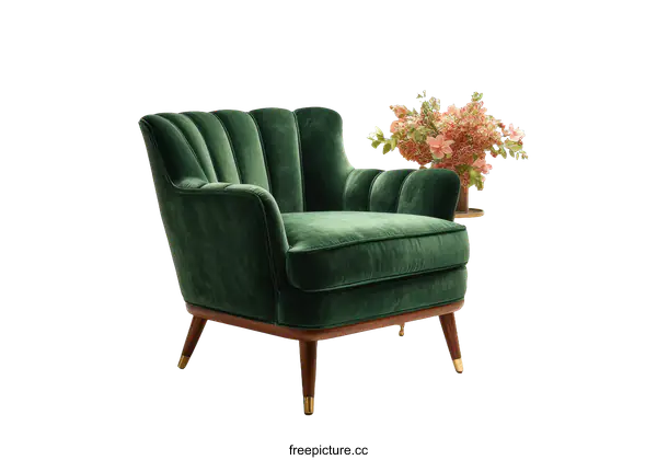 [Transparent Background PNG]Modern Green Velvet Armchair with Floral Arrangement