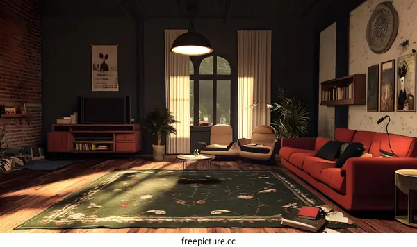 Living Room Interior Design With Green Rug And Red Sofa