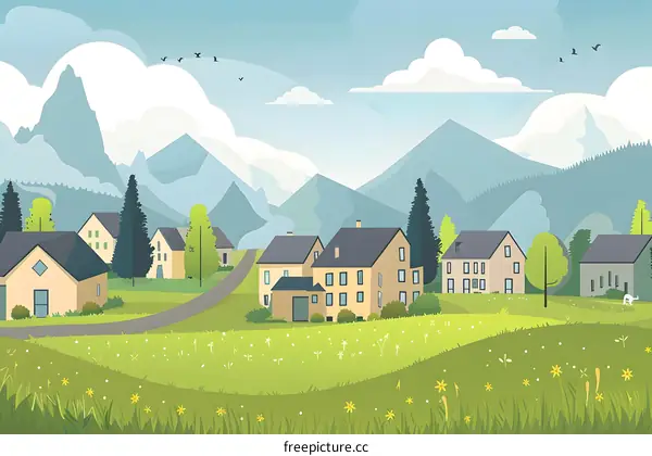 Beautiful Cartoon Illustration of a Mountain Village