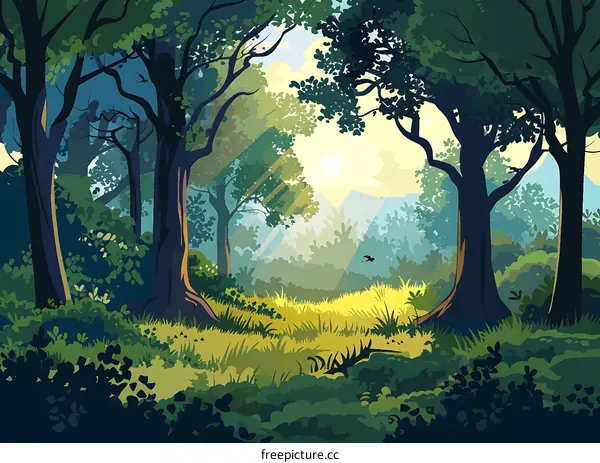 Sunlight Shining Through Green Trees Forest Nature Illustration