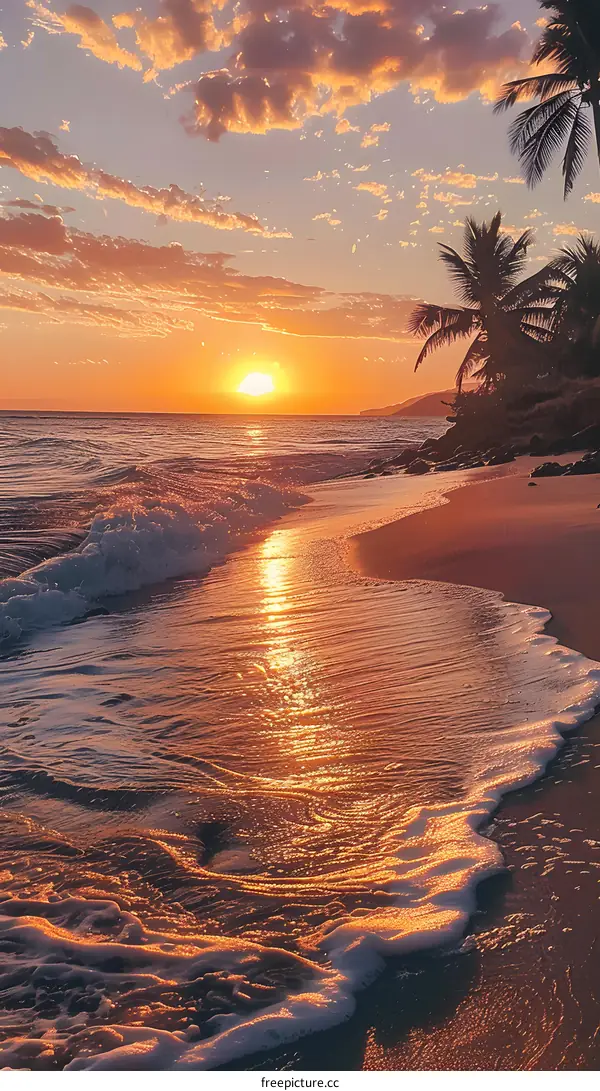 Beach sunset with palm trees
