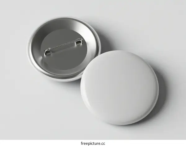 A blank white round badge with safety pin on the back