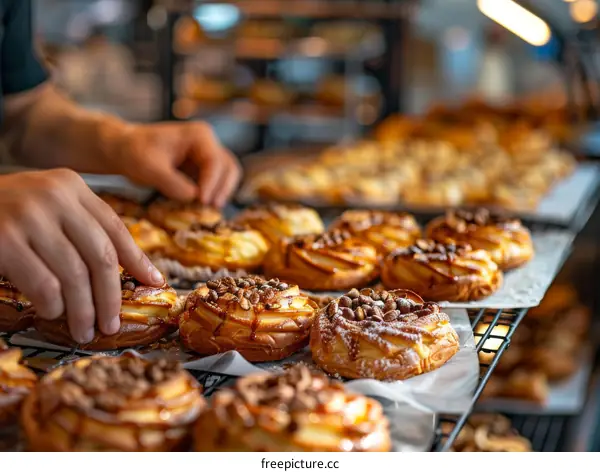 Pastries with nuts on a bakery cooling rack