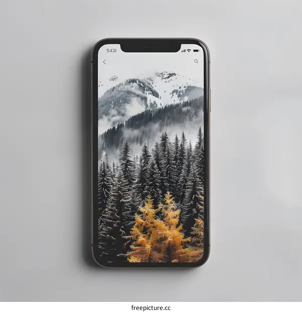 Phone Screen Displaying Mountains and Forest Landscape