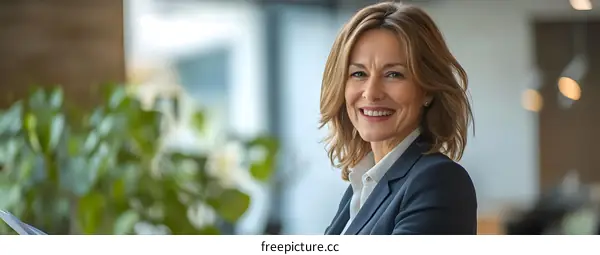 Smiling Businesswoman in Office with Blurred Background