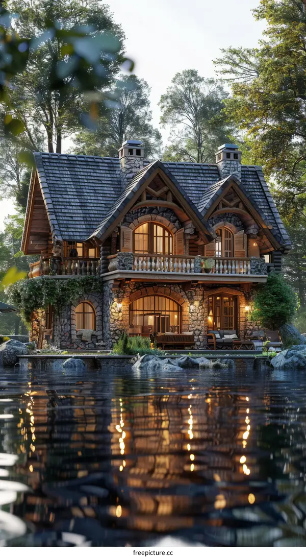 Rustic Log Cabin by a Pond in a Forest
