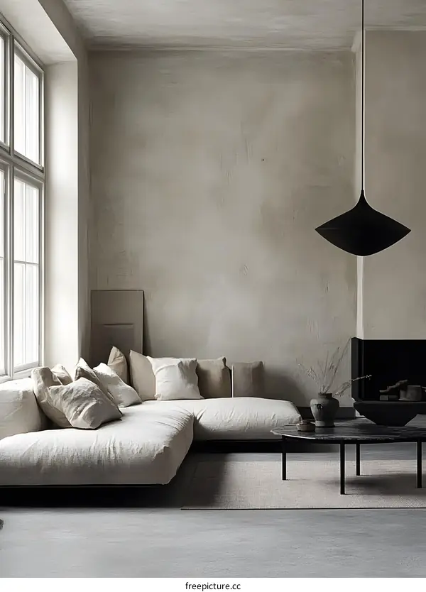 Minimalist Living Room Interior Design with Concrete Walls and a Large Sectional Sofa