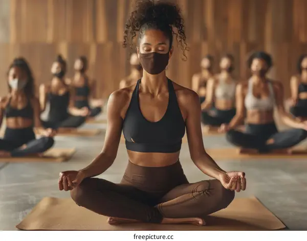 A group of women wearing masks are doing yoga in a studio