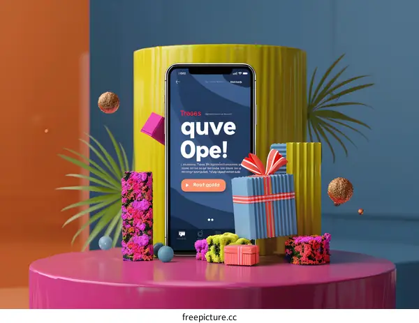 3D Illustration of a Smartphone with a Gift Box and a Plant