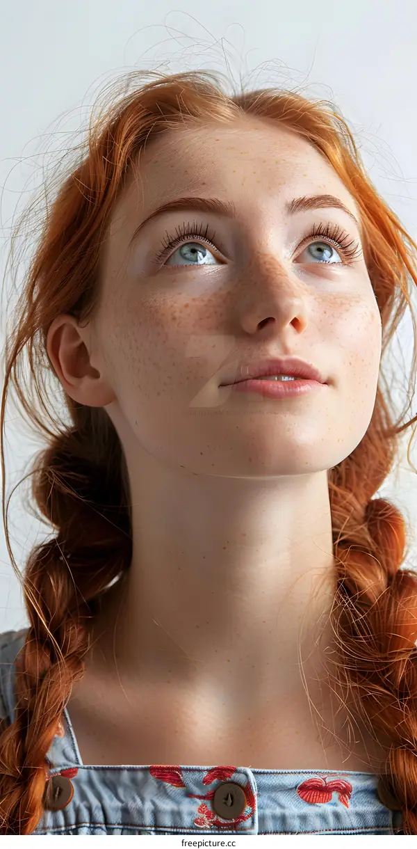 Closeup Portrait of a Young Woman with Red Hair and Freckles Looking Upwards
