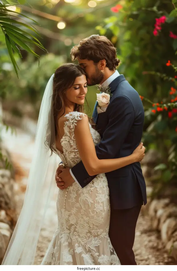 A romantic moment between a bride and groom on their wedding day