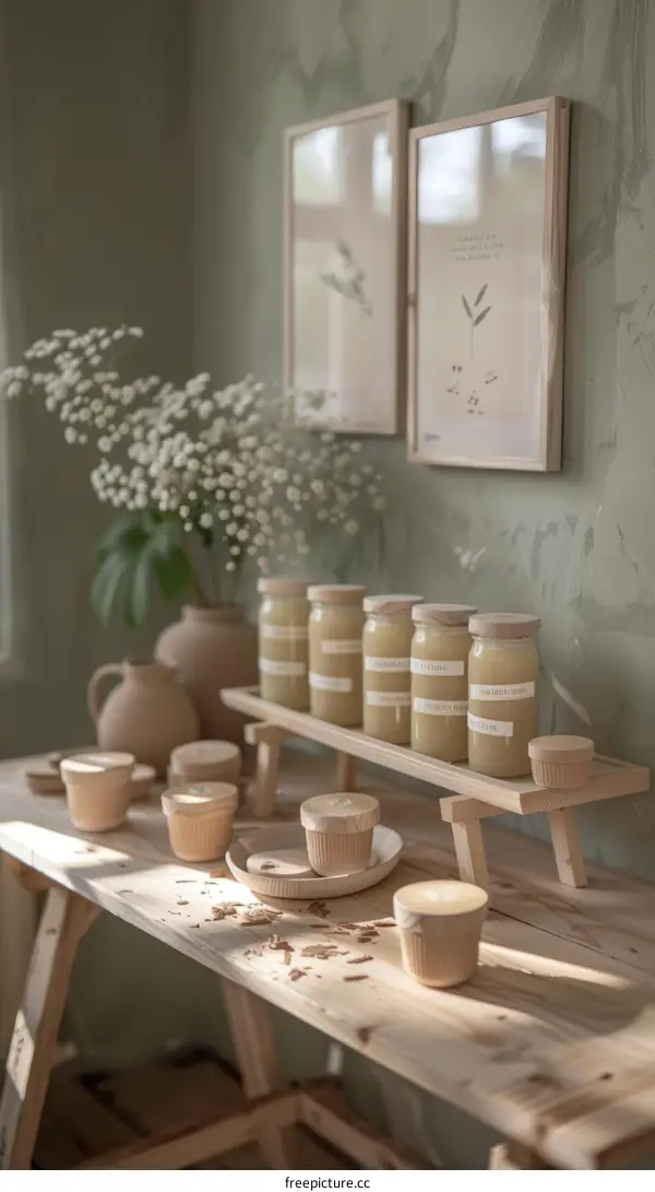jars and cups on a wooden table