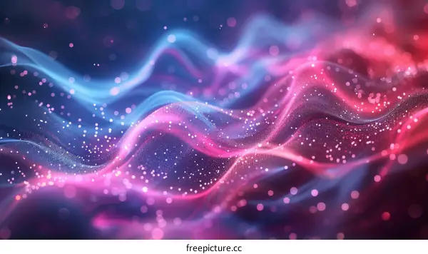 Pink and blue glowing particles form an abstract background