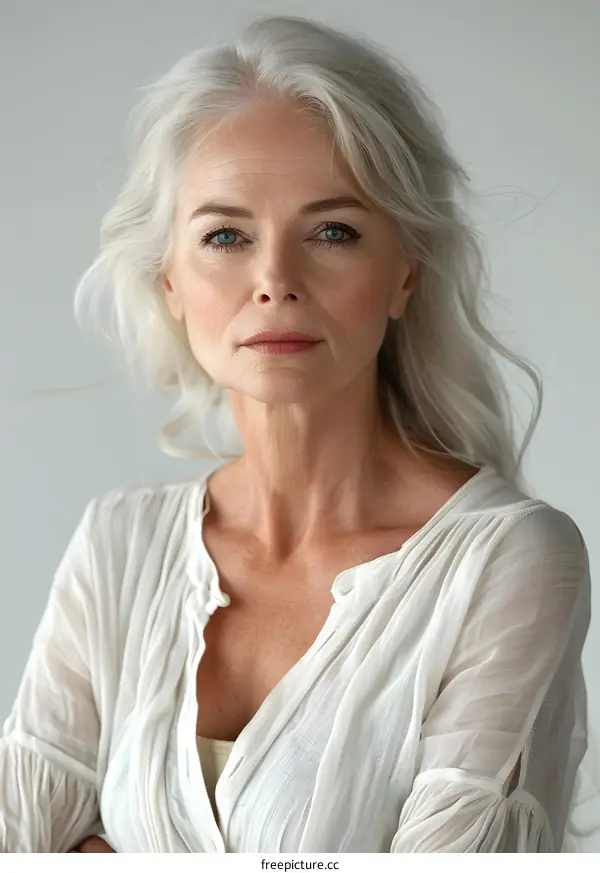 Portrait of a Beautiful Senior Woman with Grey Hair and Blue Eyes