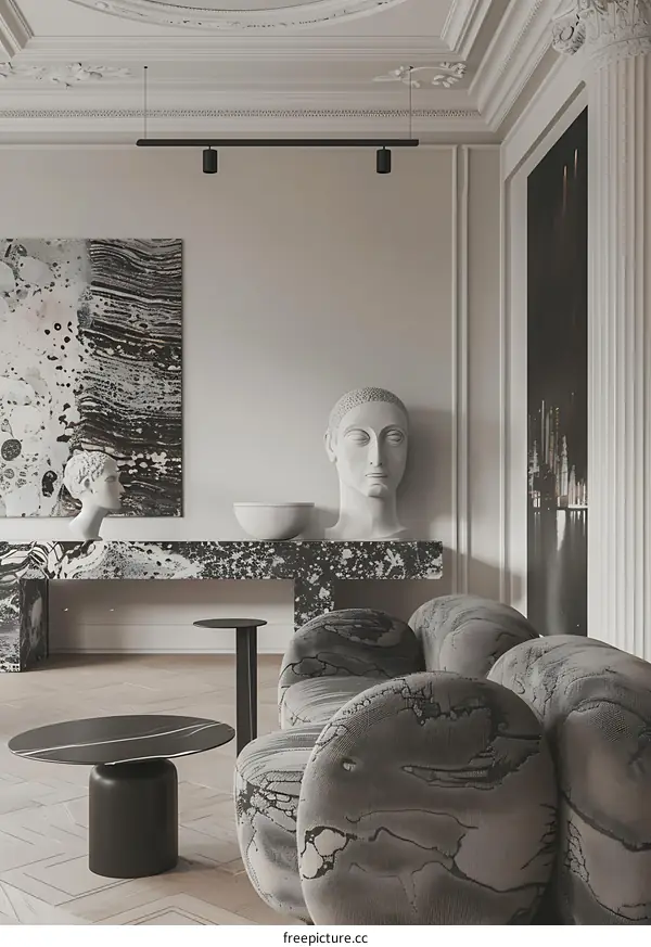 Modern Interior Design with Abstract Artwork and Sculptural Furniture