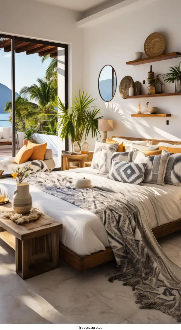 Modern coastal bedroom with a view of the ocean