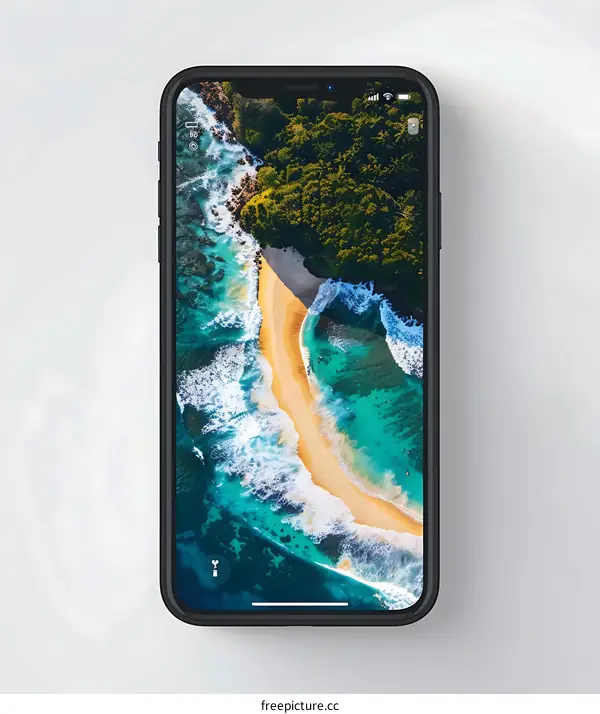 Aerial View Of A Beach And Ocean In A Smartphone Screen