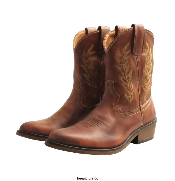 [Transparent Background PNG]Pair of Brown Leather Cowboy Boots with Embroidered Design