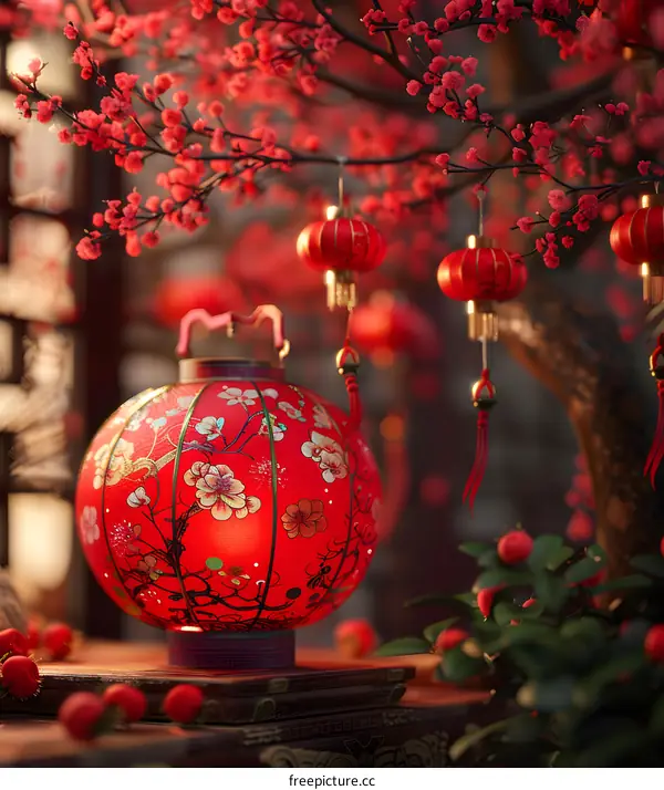 A red lantern hangs from a tree in a Chinese garden.