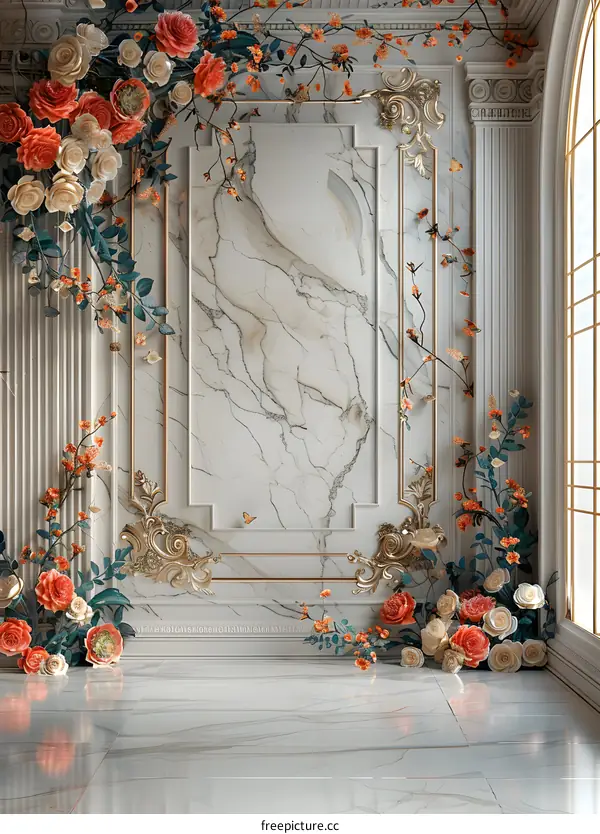 European retro浮雕花卉大理石纹理背景墙