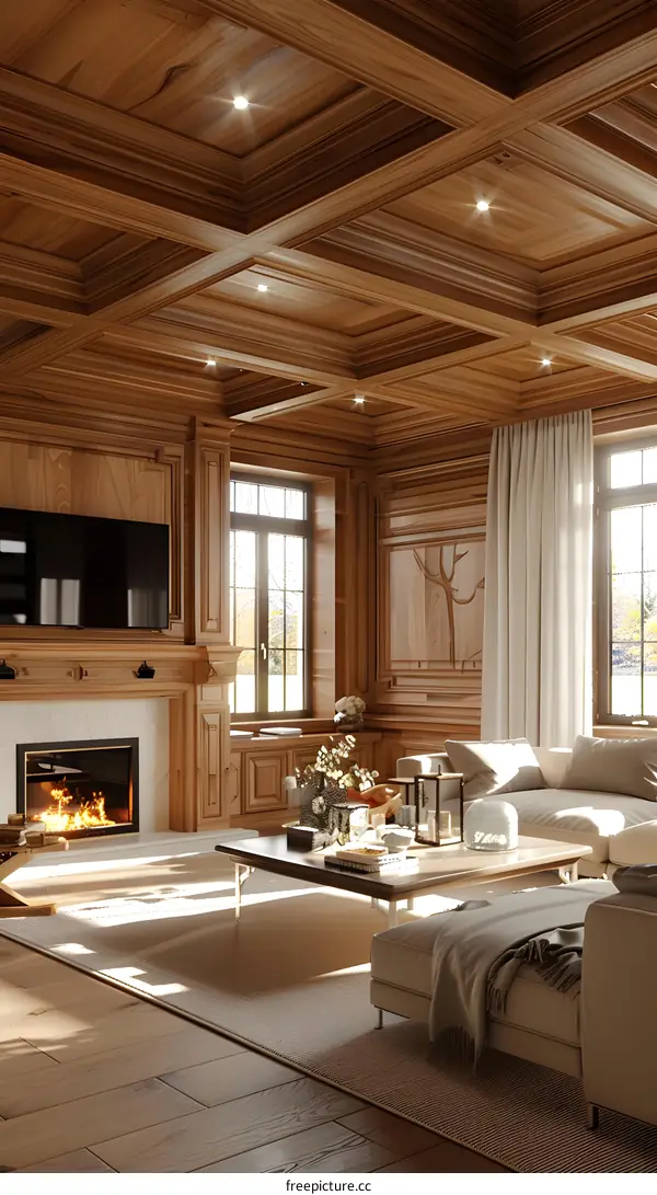 Bright wooden living room interior with fireplace and large windows