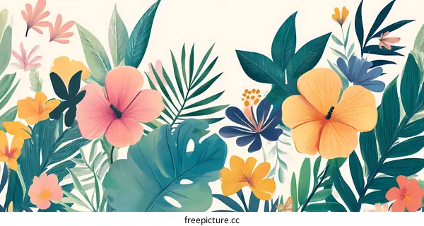 Tropical Floral Illustration with Green Leaves and Flowers