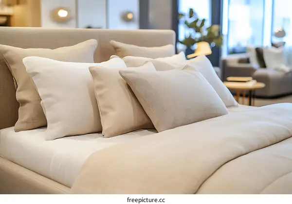 Beige Bedding and Pillows in a Modern Bedroom