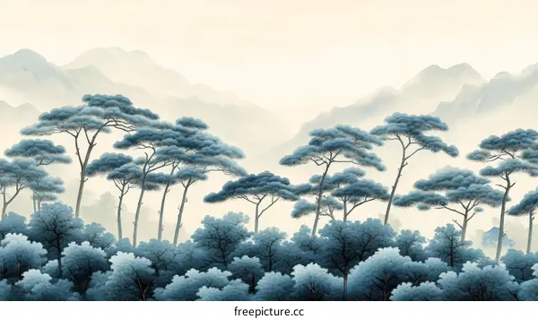Misty Mountain Landscape with Pine Trees