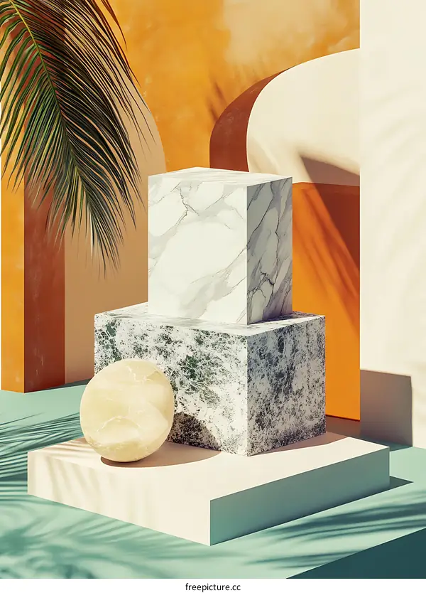 Abstract Minimalist Marble Cubes Background with Palm Leaf and Shadows