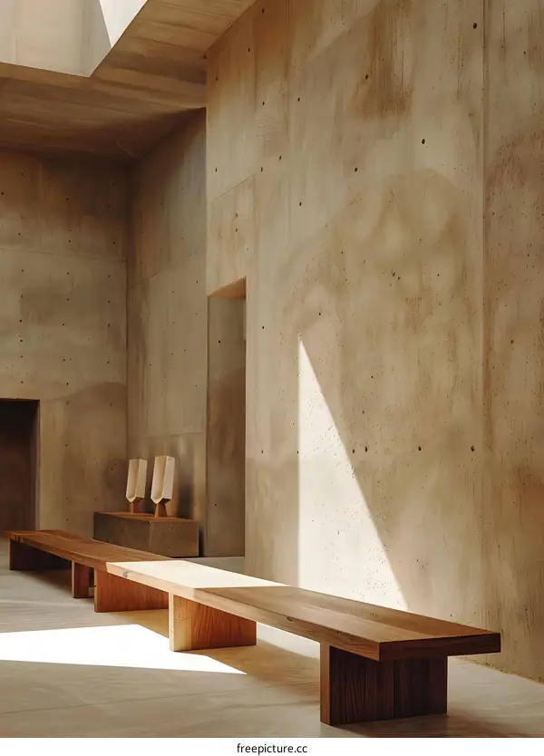 Minimalist Concrete Interior with Wooden Bench and Natural Light