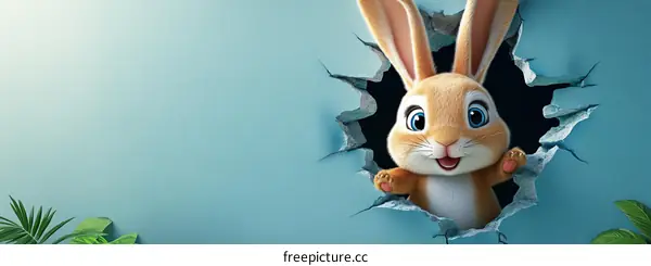 Cute Cartoon Easter Bunny Peeking Through a Crack in the Wall