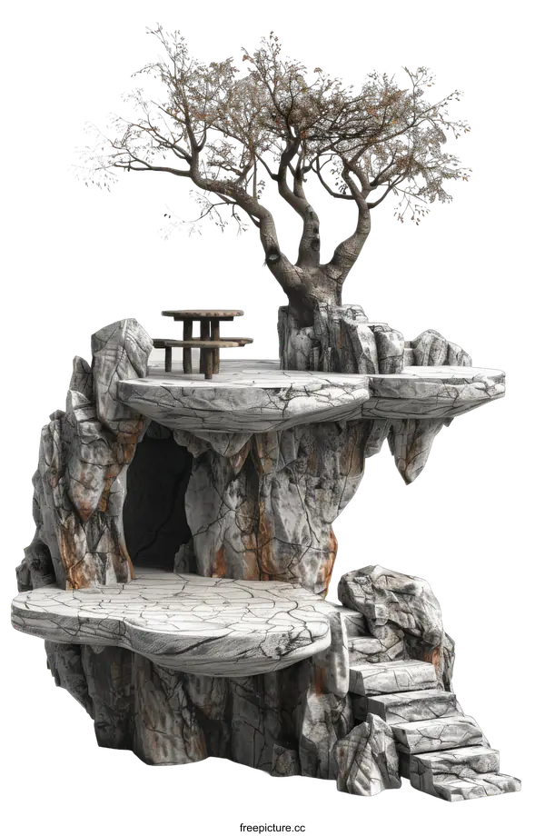 [Transparent Background PNG]Fantasy landscape with a tree, a bench and a cave
