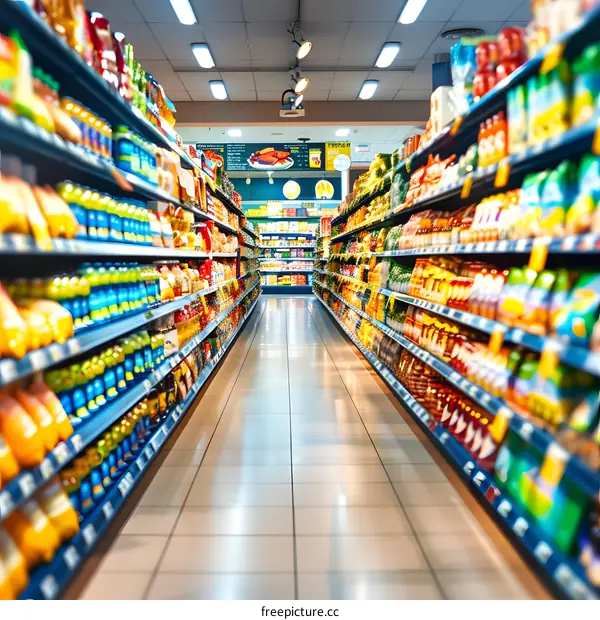 Empty Grocery Store Aisle with Shelves Full of Products
