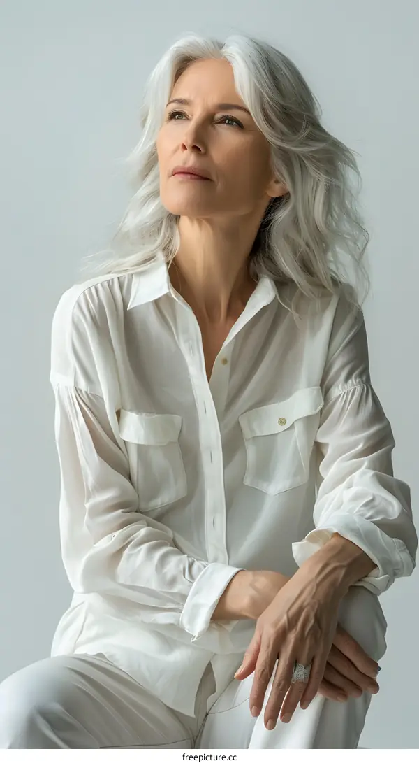 Portrait of a Woman with Grey Hair Wearing White Clothing