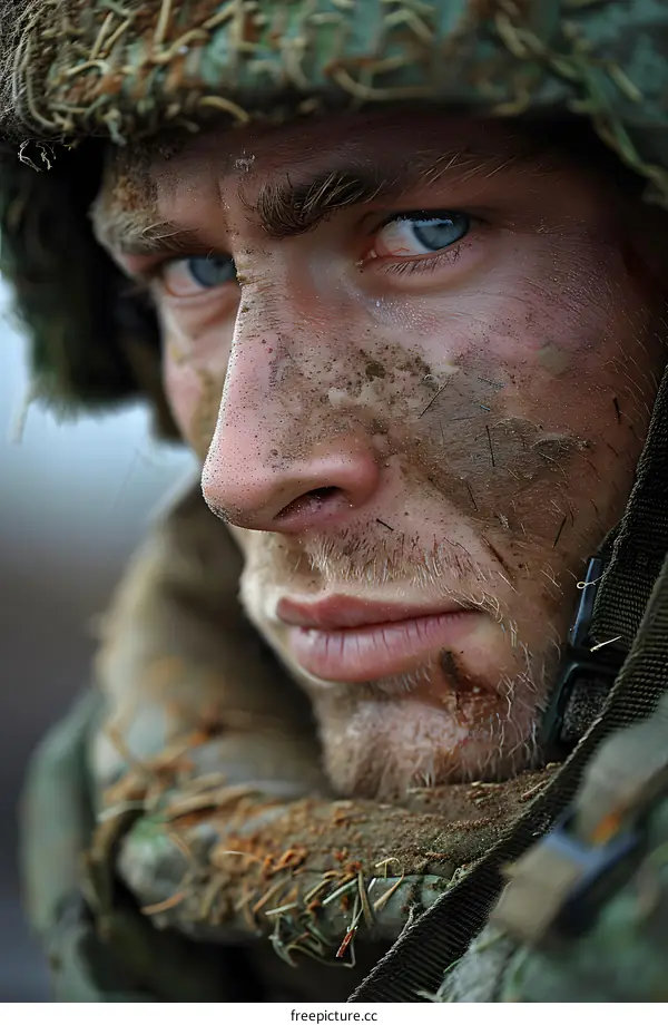 Portrait of a soldier with blue eyes and a beard wearing a camouflage hat and ghillie suit